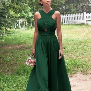Stacees A-Line Scalloped Neck Sleeveless Maxi Chiffon Dress (Dark Green, 16)